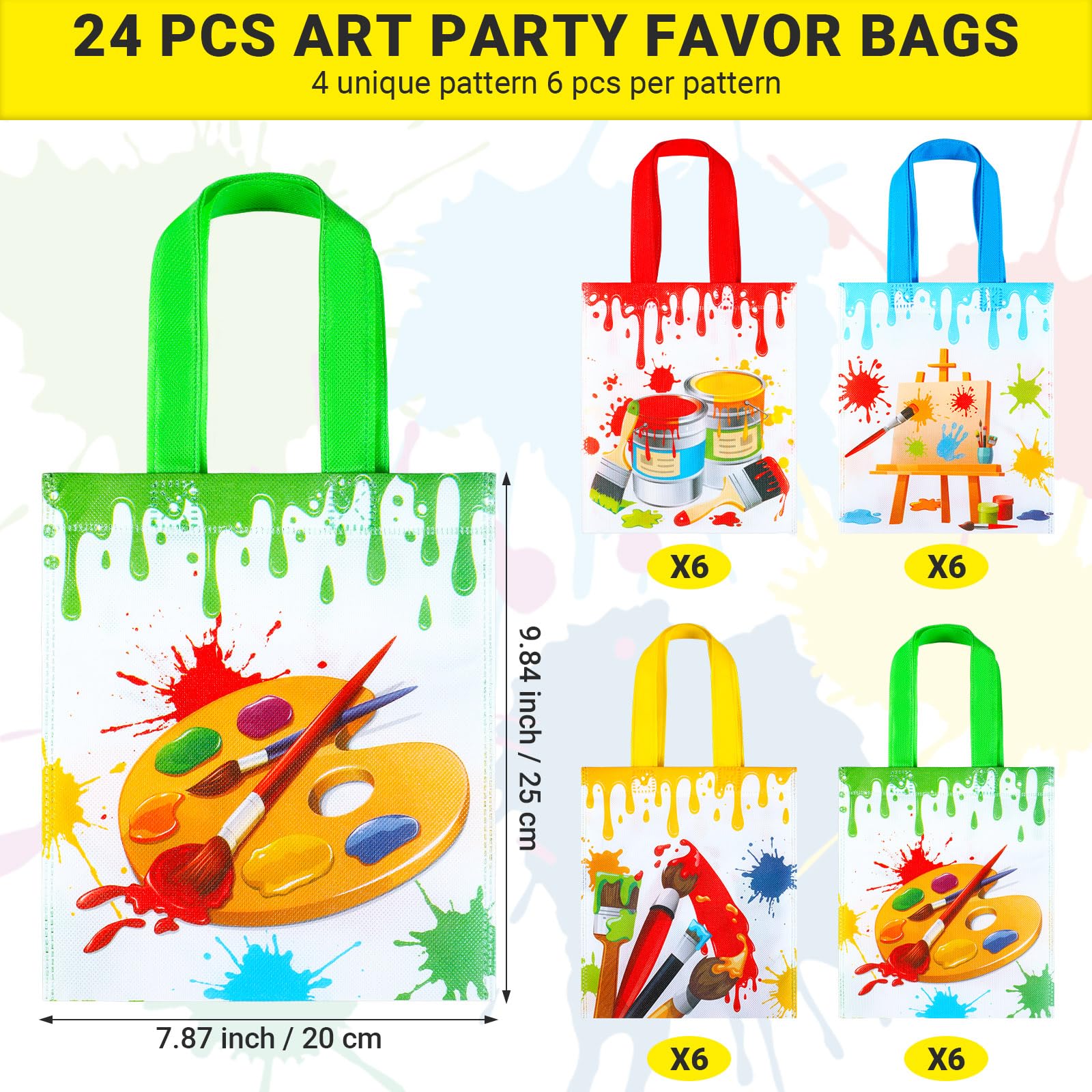 Sweetude 24 Pack Paint Party Favor Bags Non Woven Art Party Gift Bags Kids Art Paint Treat Goodie Bags Paintbrush Splatter Tote Bags for Paint Theme Birthday Party Baby Shower Supplies, 4 Styles