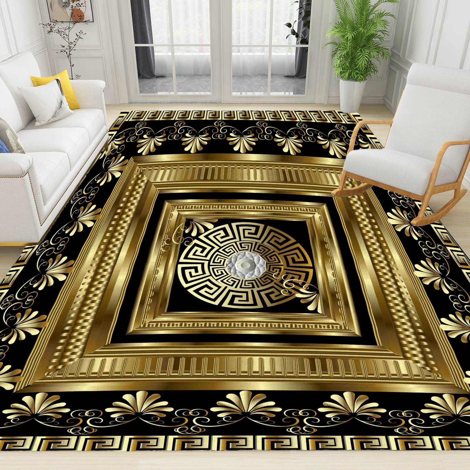 Retro Black Gold Greek Key Meander Area Rugs, 3D Geometric Gold Print Entryways Mat, Machine Washable Soft and Comfortable for Room Living Room Office Dining Indoor Outdoor Hallway, 4ft x 6ft