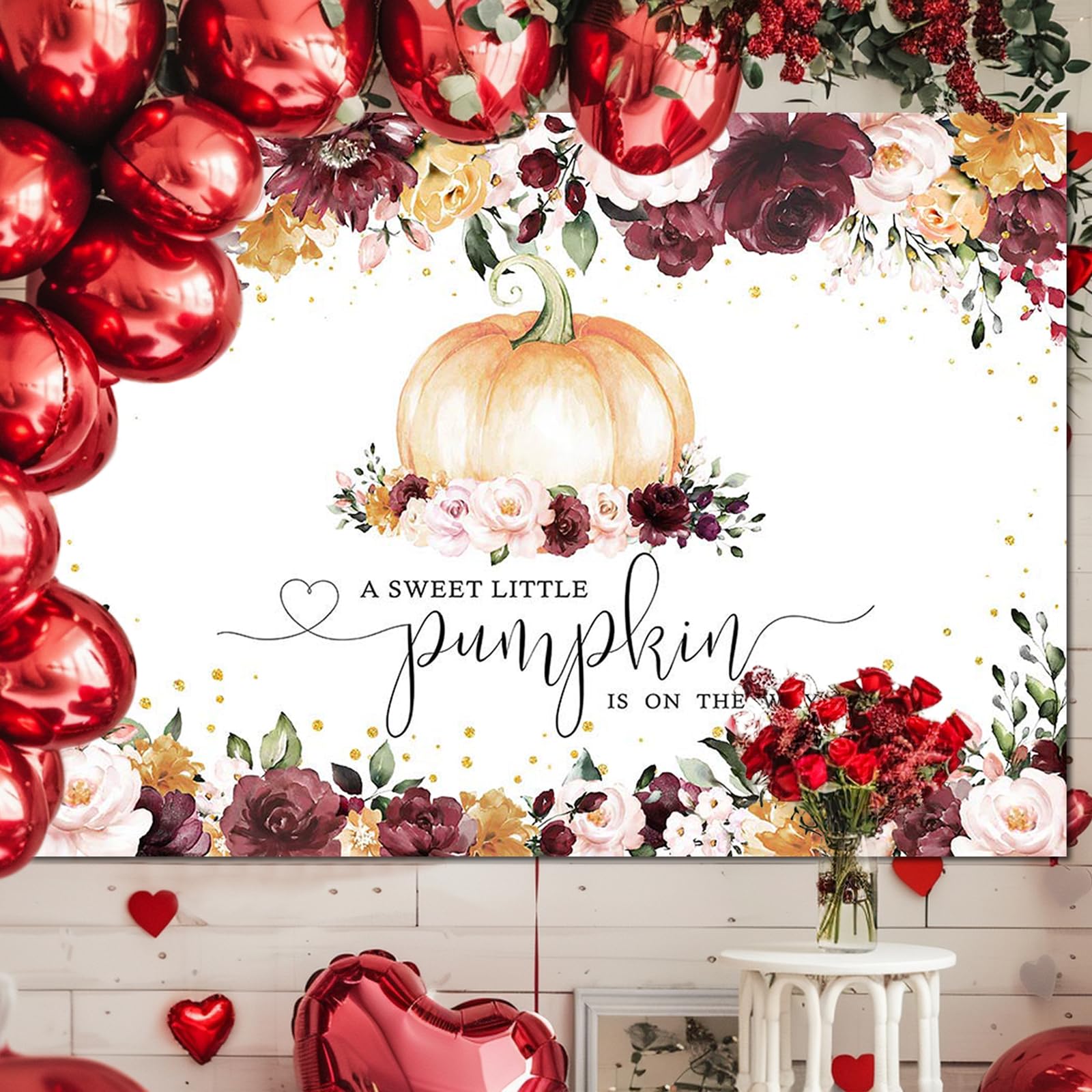 Mocsicka Burgundy Fall Pumpkin Baby Shower Backdrop Girl Autumn Baby Shower Background Little Pumpkin Baby Shower Party Decorations Banner Photo Studio Props (7x5ft)