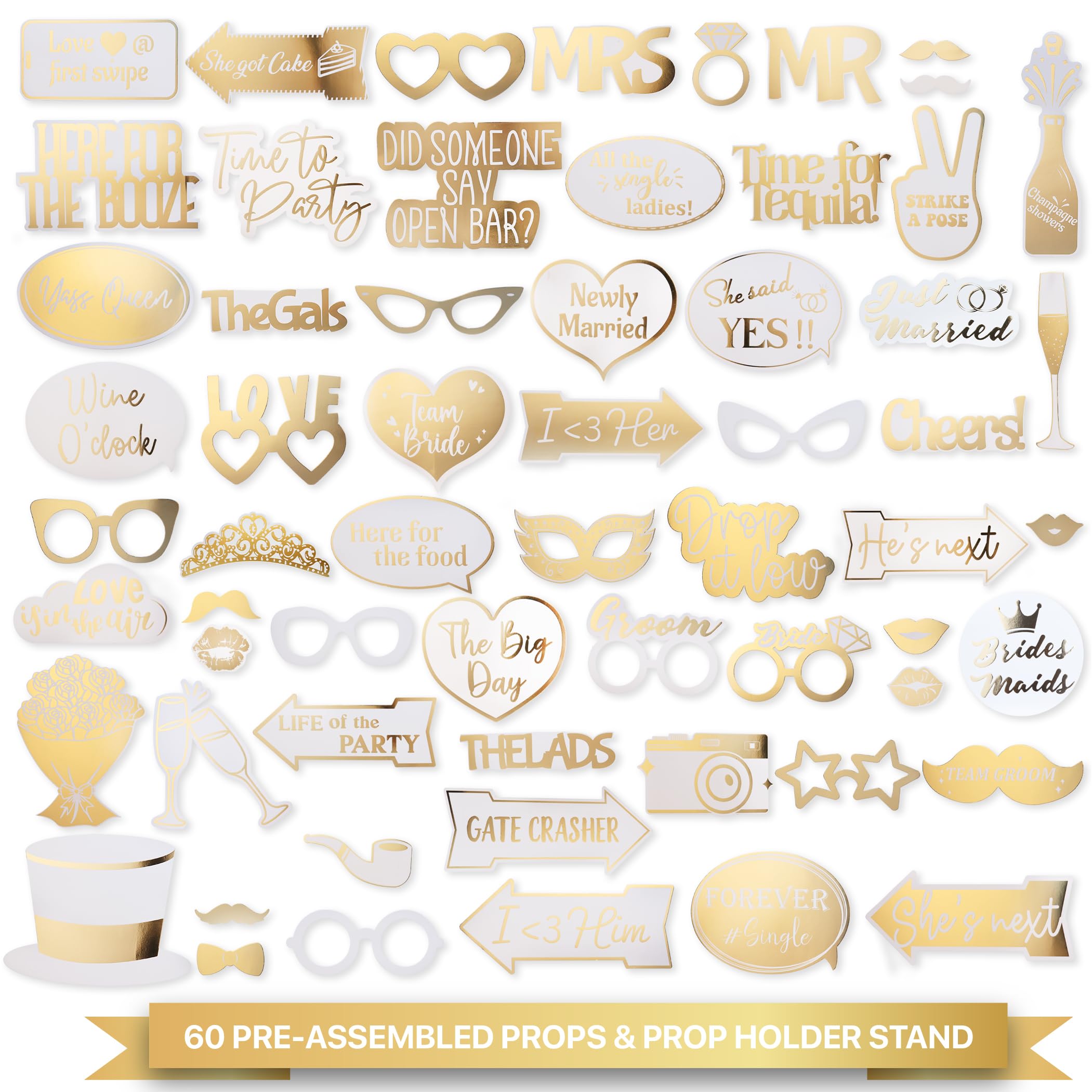 SOUL SHIFT 60PCs Fully Assembled Wedding Photo Booth Props - Prop Stand - Gold Signs - Elegant Wedding & Reception Party Supplies- Funny Wedding Props -Gold Foil Print – Bridal PhotoBooth