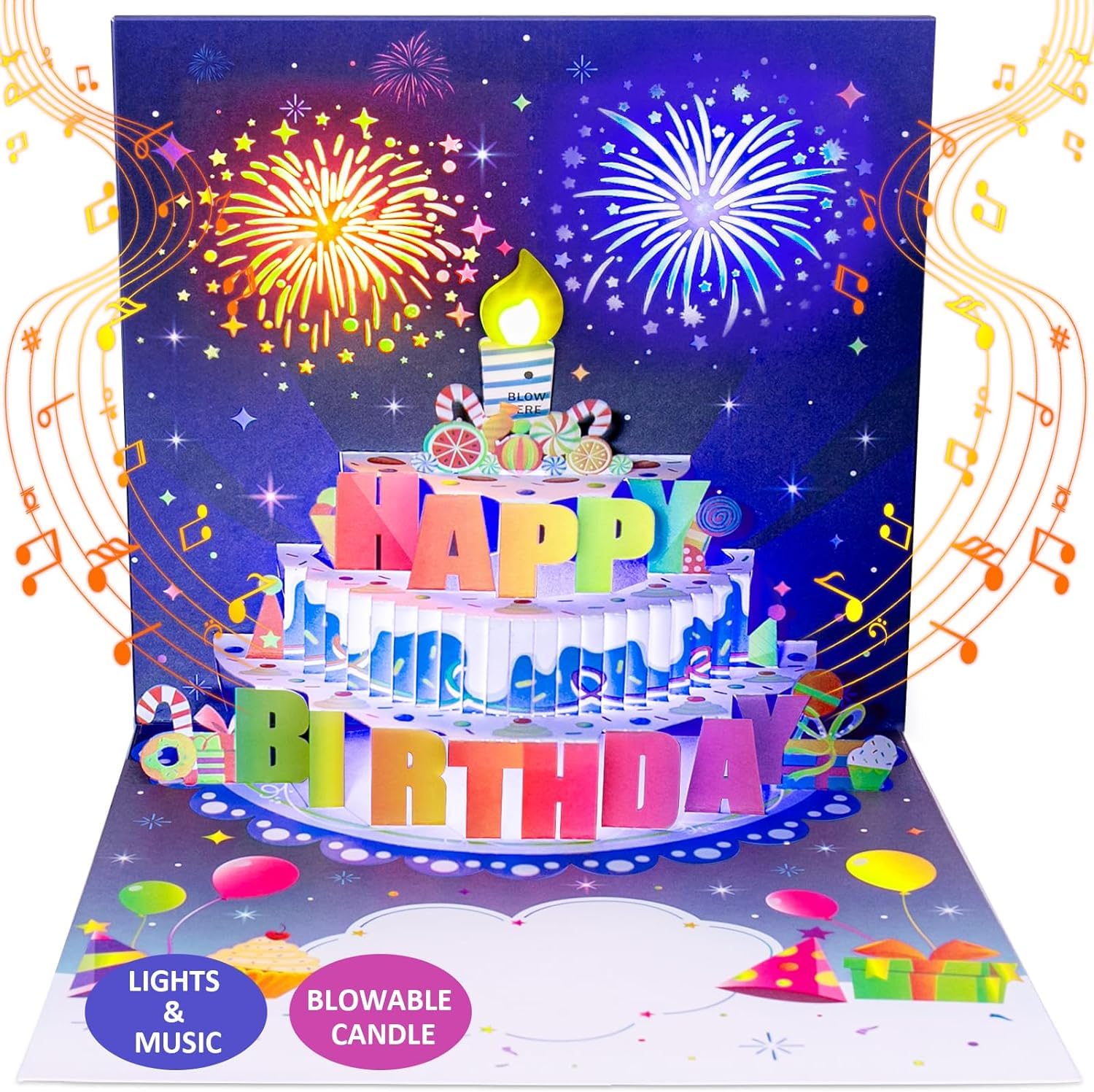 INPHER Birthday Cards Fireworks Pop Up Cake Blowable Light and Music Happy Birthday Card Gifts for Women Men Mom Kids