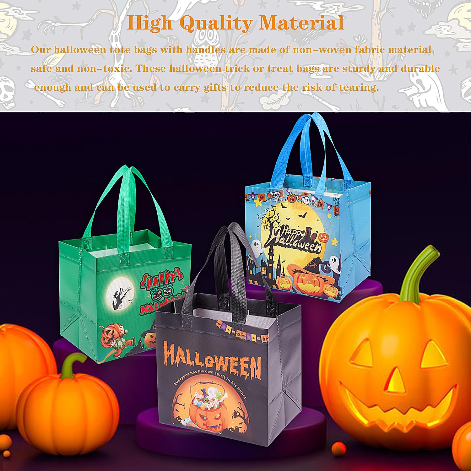 6PCS Halloween Bronzing Trick or Treat Bags, Halloween Tote Bags with Handles, Metallic Printing Halloween Treat Bags, Reusable Non-Woven Gift Bags for Gifts Wrapping, Halloween Party Supplies