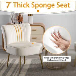 ABET Accent Chairs Set of 2, Velvet Armless Living Room Chairs with Tufted Wingback Thicken Cushion Gold Metal Legs, Comfy Upholstered Side Chairs Slipper Chairs Club Chairs for Bedroom, Beige