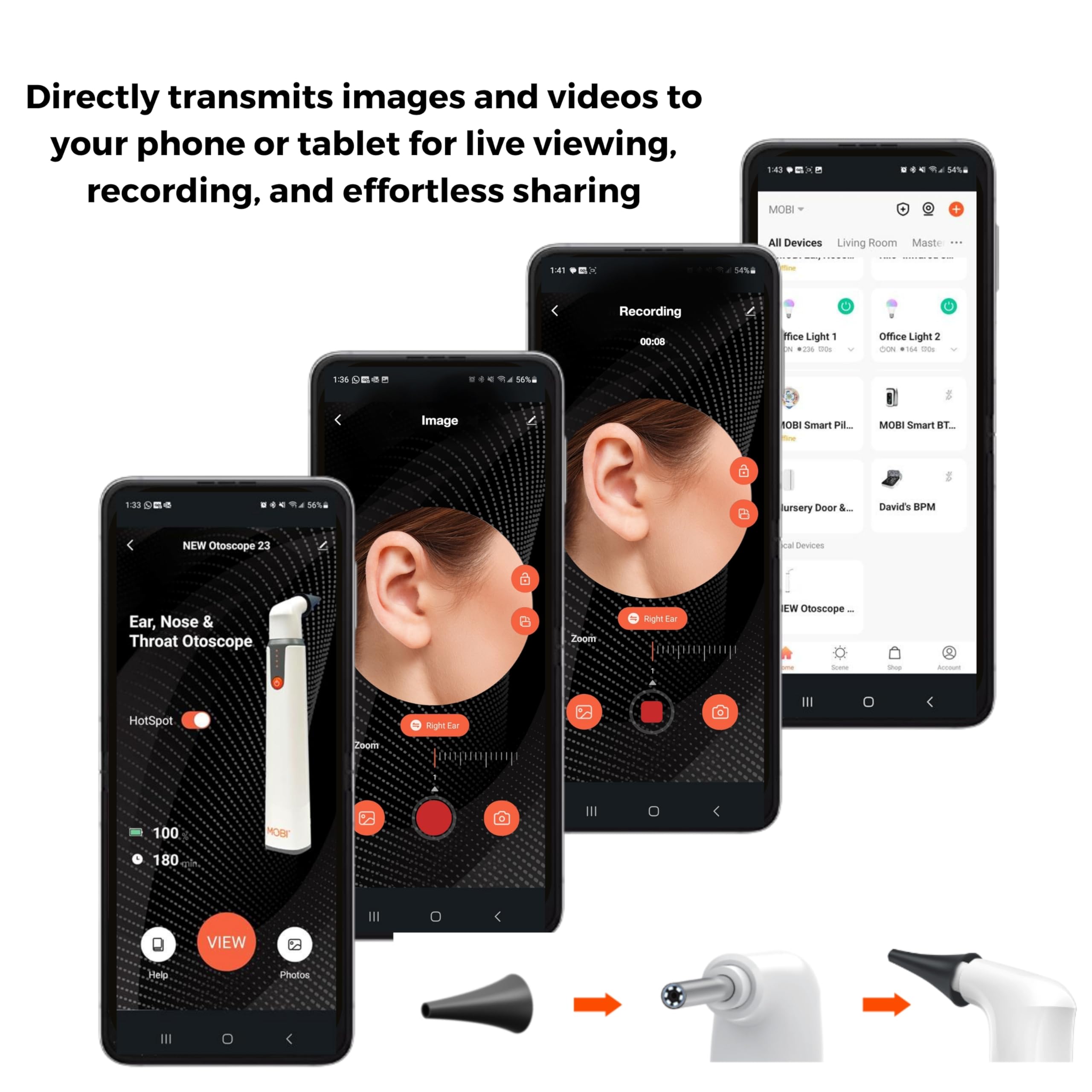 MOBI Connect Wi-Fi Otoscope for Ears, Nose & Throat - 1080P HD Lens, Multi-Axis Gyroscope, 6 LED Lights, 90+ Min Use, 3 Ear Speculum, Suitable for Adults & Children