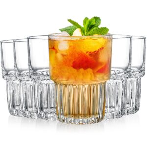 deayou 6 pack drinking glasses set, 12 oz clear striped iced tea water glass cup, stackable rocks glasses, thick tempered glass tumbler with heavy base for juice, milk, cocktail, spirits, daily use