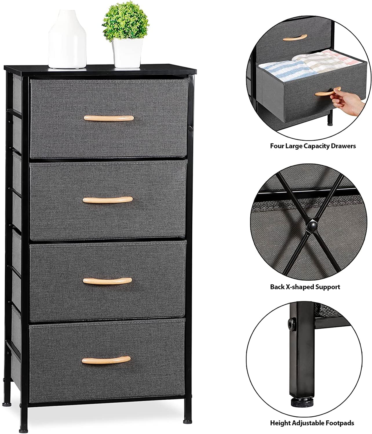 Oteymart Storage Drawers with 4 Drawers, Fabric Tower Organizer Unit for Bedroom,Living Room, Nurseries,Closet, Clothes, Steel Frame,Wood Top, Easy Pull Wood Handles Bins, Dark Gray