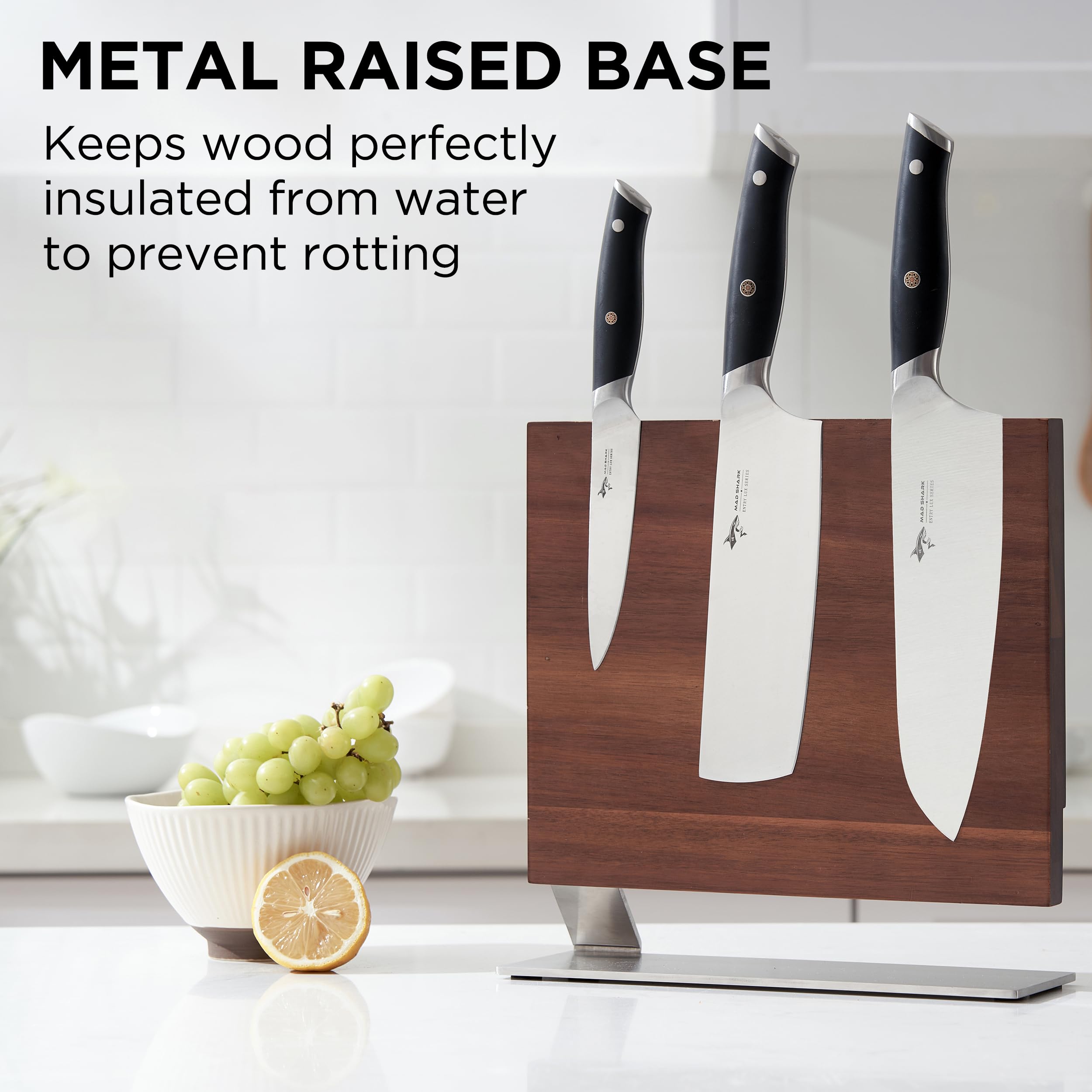 HBlife Double Sided Magnetic Knife Block Kitchen Knife Holder Rack with Strong Magnets Acacia Wood Enhanced Stainless Base Knife Storage Stand