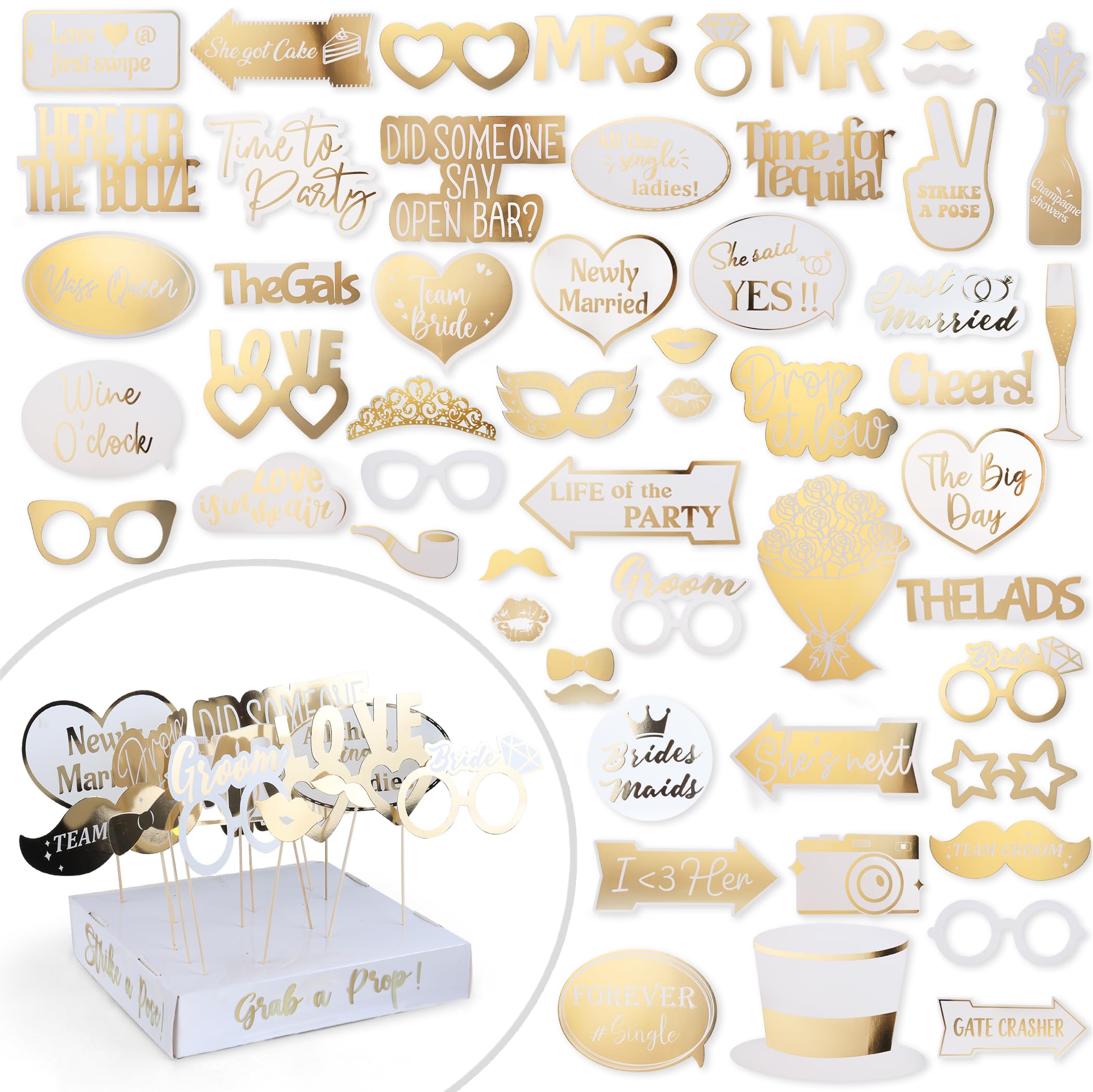 SOUL SHIFT 60PCs Fully Assembled Wedding Photo Booth Props - Prop Stand - Gold Signs - Elegant Wedding & Reception Party Supplies- Funny Wedding Props -Gold Foil Print – Bridal PhotoBooth