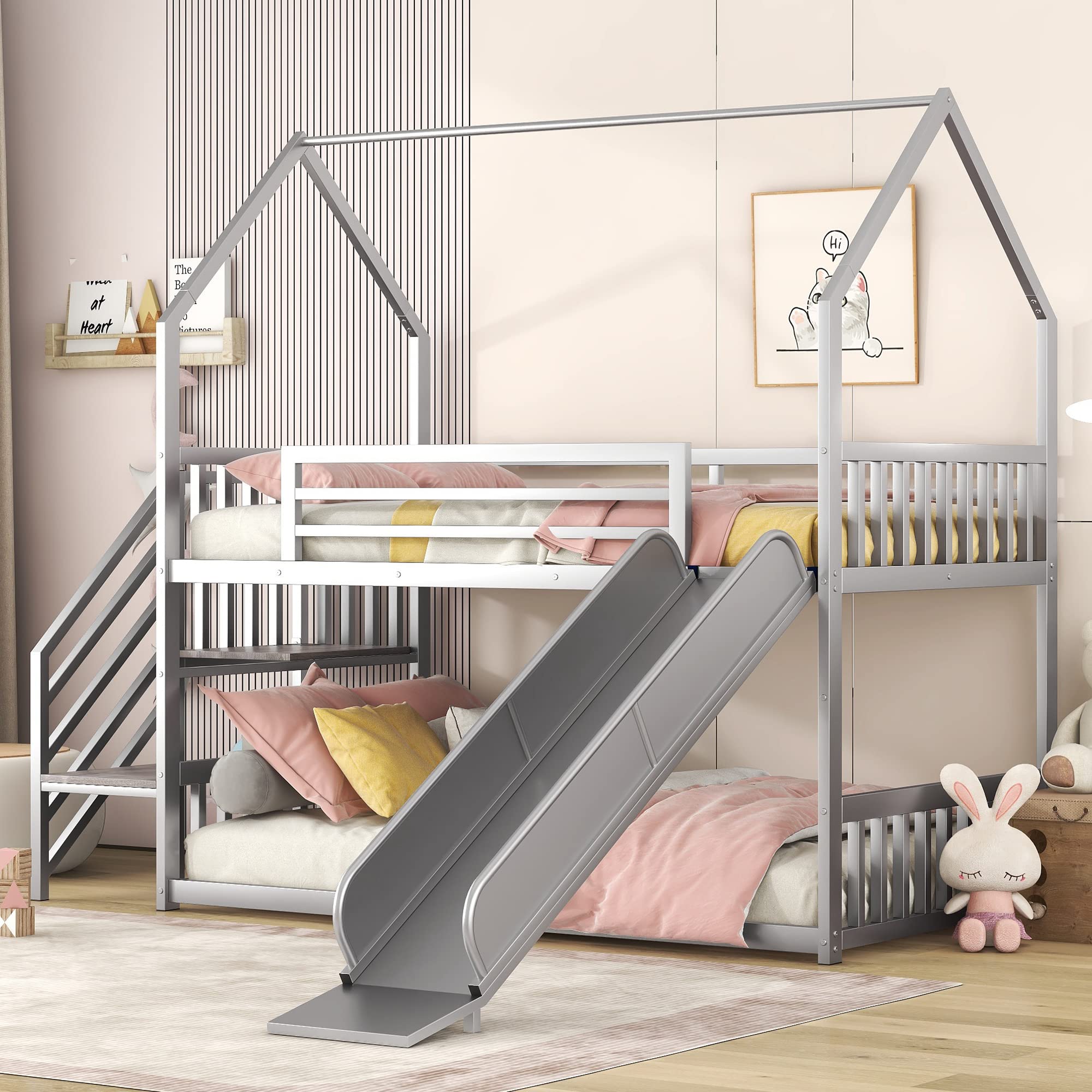 Harper & Bright Designs Twin Over Twin Metal Bunk Bed with Slide and Stairs, Low Bunk House Bed for Kids, Floor Bunk Bed, Modern Style Heavy-Duty Steel Frame (Silver)