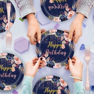 Birthday Plates and Napkins 97 Pcs Navy Blue Rose Gold Birthday Decorations for Women Girls, Happy Birthday Plates, Birthday Tablecloth Party Supplies, Floral Paper Plates Tableware Set, Serves 24