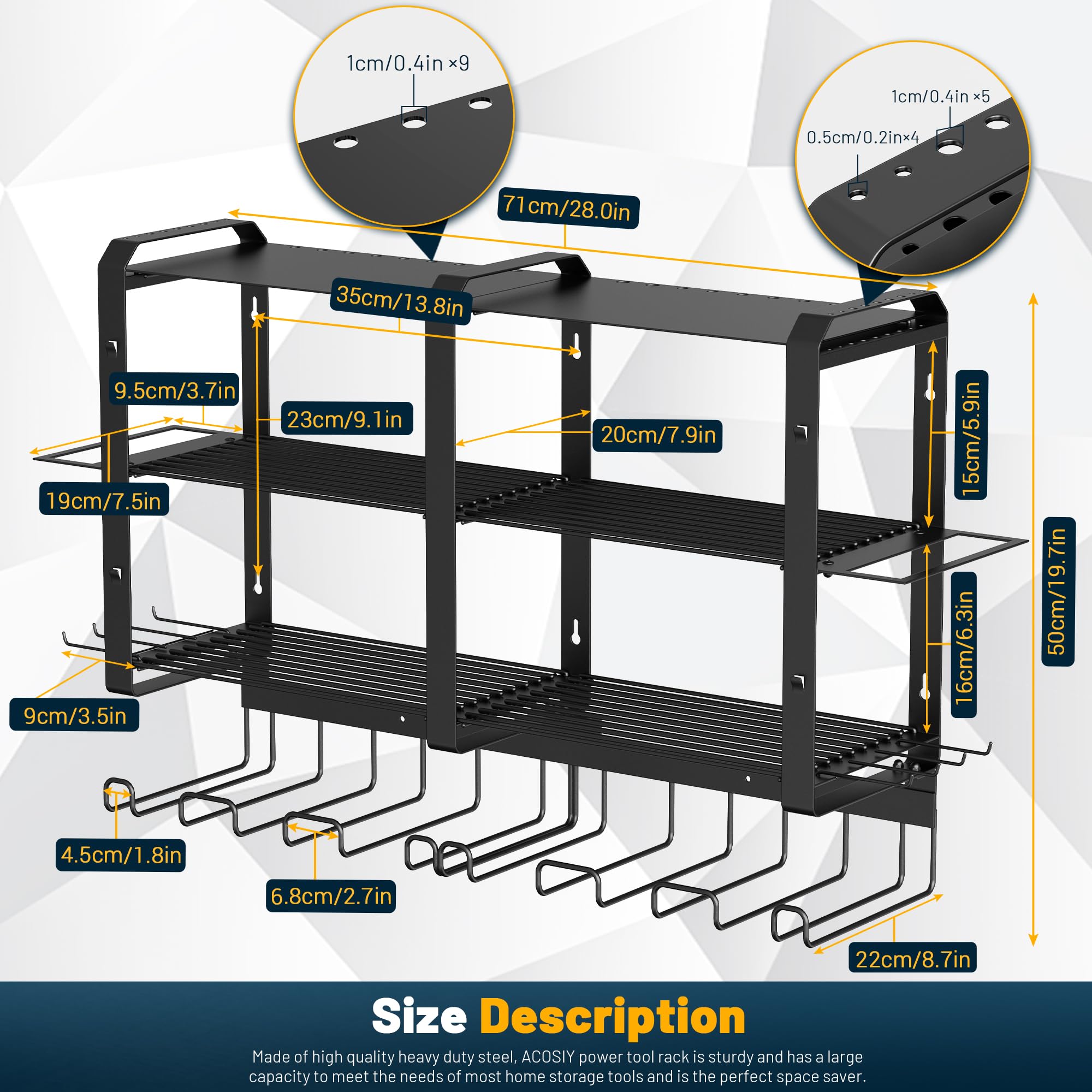 ACOSIY Power Tool Organizer Wall Mount with 6 Drill Holder Rack, 4 Layers Large Capacity Cordless Tool Storage Organizer, 180+lbs High Load Bearing Tool Box Shelf for Garage Organization