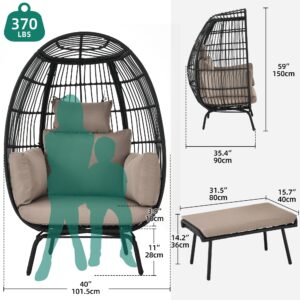 YITAHOME Wicker Egg Chair with Ottoman Outdoor Indoor Oversized Lounger with Stand, Cushions, Egg Basket Chair for Patio Backyard Porch - Brown & Black