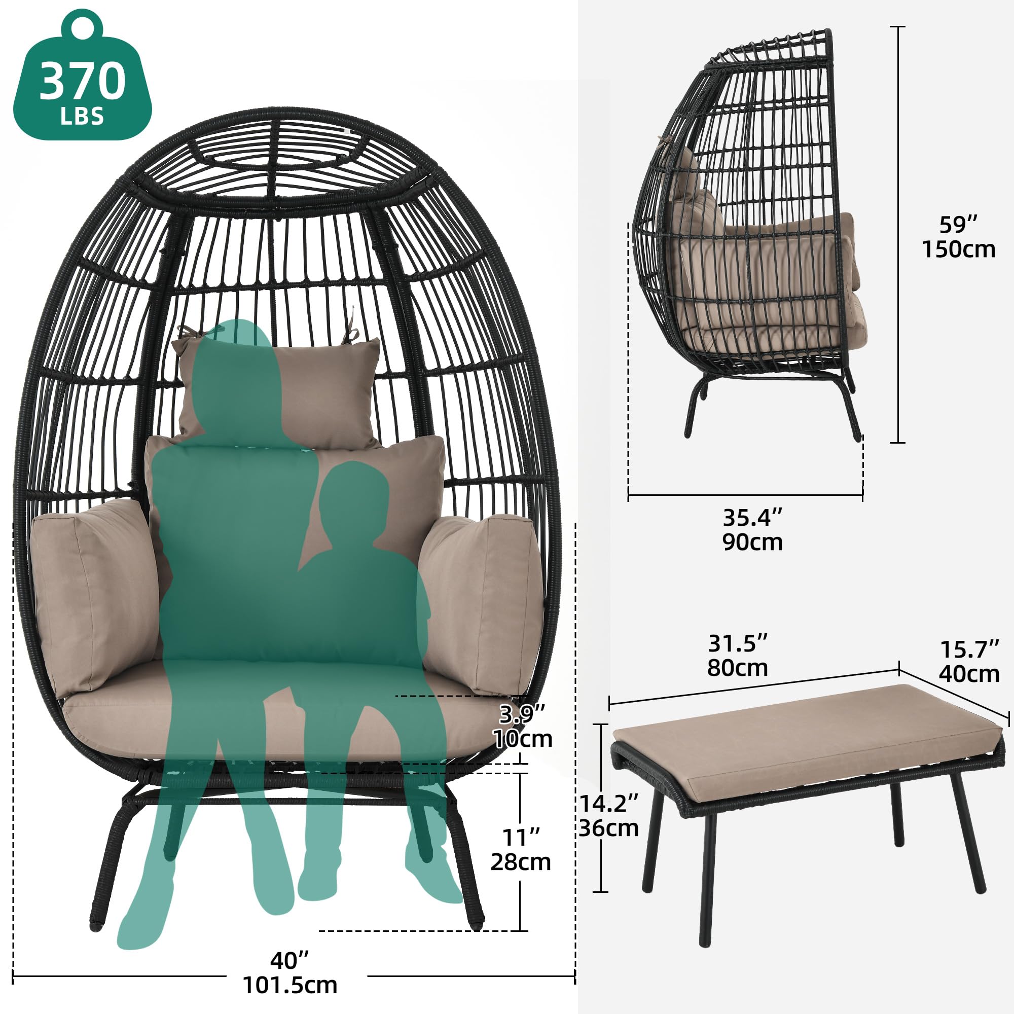 YITAHOME Wicker Egg Chair with Ottoman Outdoor Indoor Oversized Lounger with Stand, Cushions, Egg Basket Chair for Patio Backyard Porch - Brown & Black