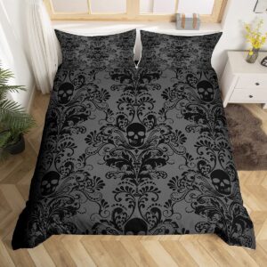 adults black damask bedding set antique victorian baroque duvet cover queen size gothic vintage floral comforter cover exotic sugar skull quilt cover queen,gothic bone skeleton bohemian decor,grey