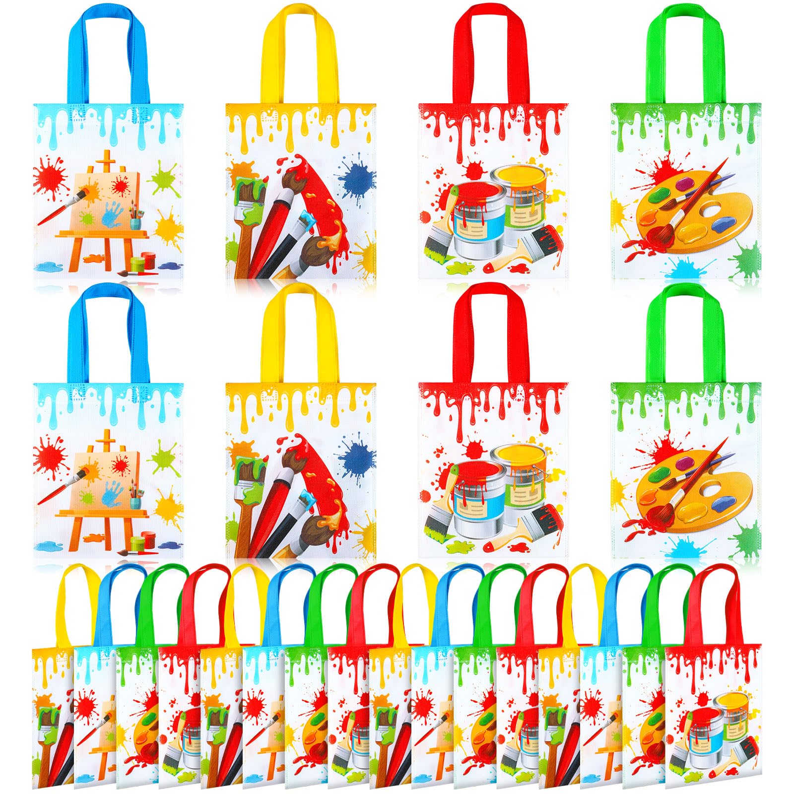 Sweetude 24 Pack Paint Party Favor Bags Non Woven Art Party Gift Bags Kids Art Paint Treat Goodie Bags Paintbrush Splatter Tote Bags for Paint Theme Birthday Party Baby Shower Supplies, 4 Styles