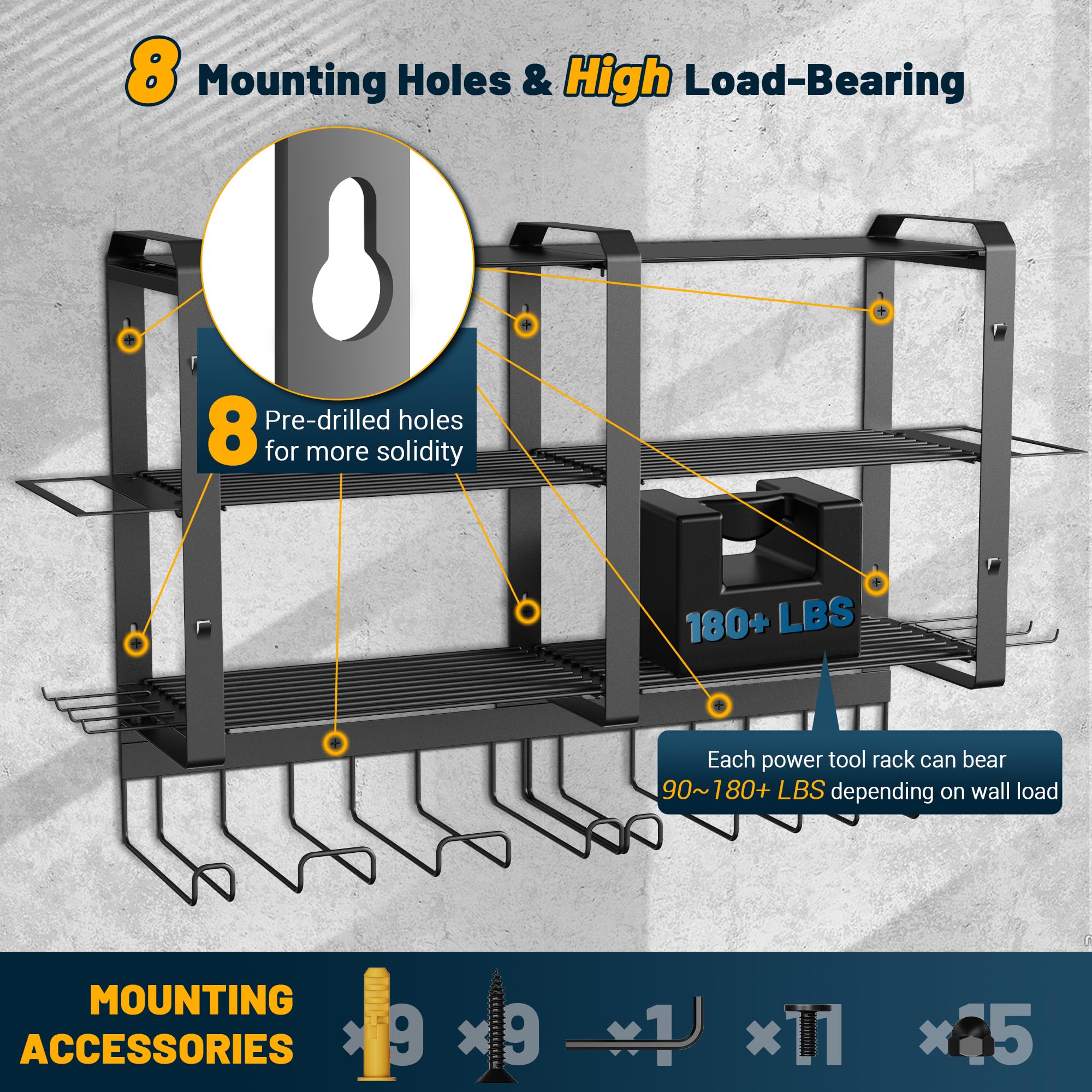 ACOSIY Power Tool Organizer Wall Mount with 6 Drill Holder Rack, 4 Layers Large Capacity Cordless Tool Storage Organizer, 180+lbs High Load Bearing Tool Box Shelf for Garage Organization