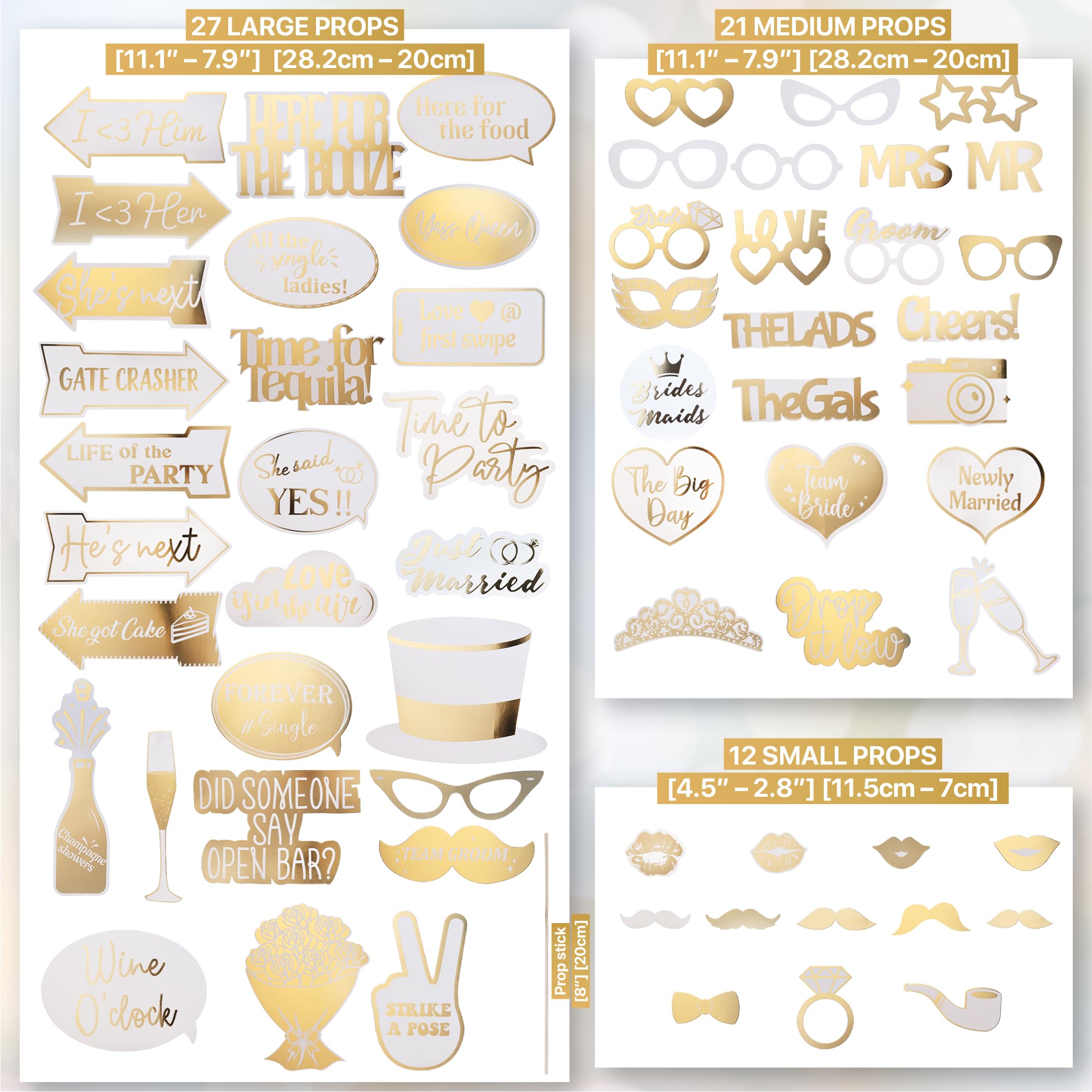 SOUL SHIFT 60PCs Fully Assembled Wedding Photo Booth Props - Prop Stand - Gold Signs - Elegant Wedding & Reception Party Supplies- Funny Wedding Props -Gold Foil Print – Bridal PhotoBooth