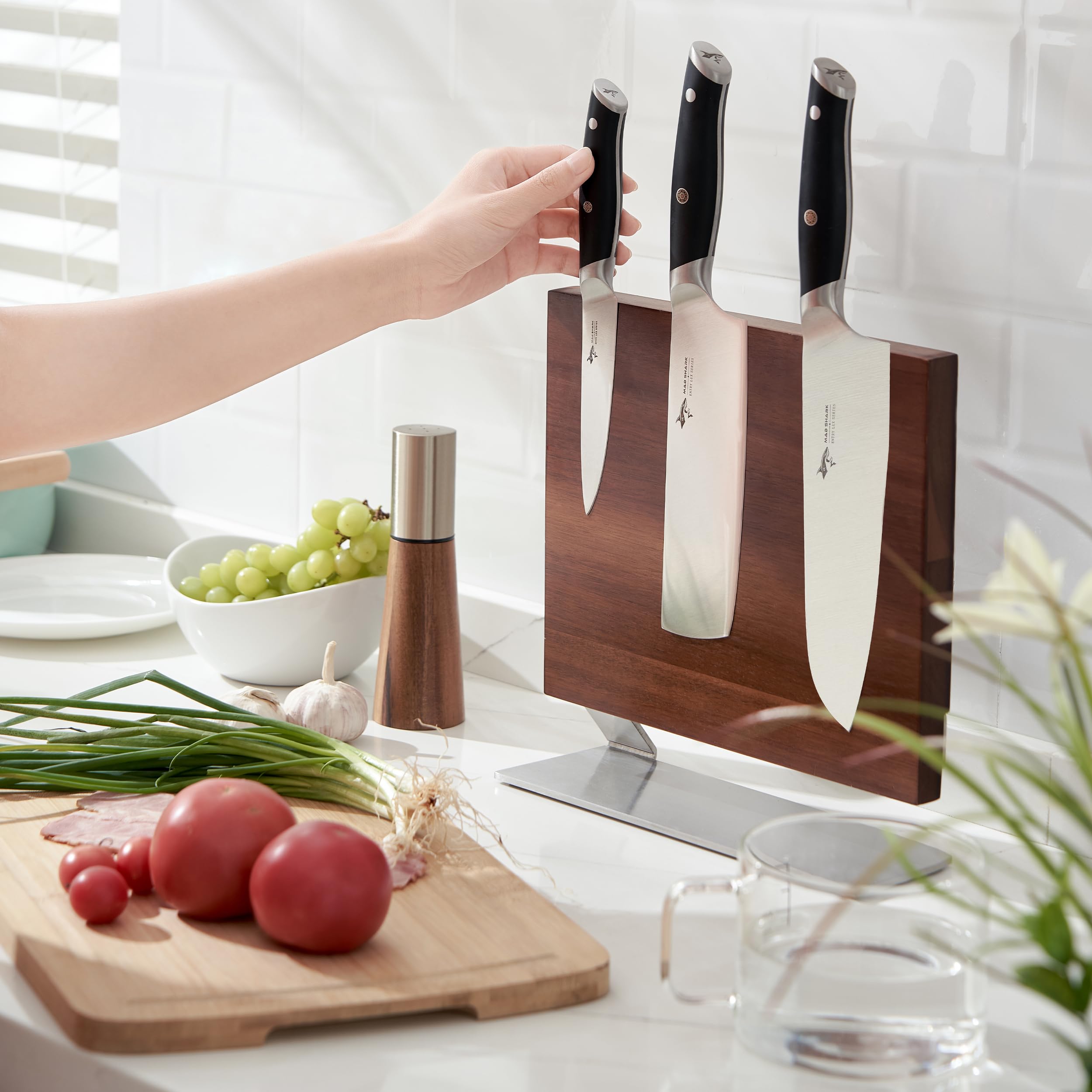 HBlife Double Sided Magnetic Knife Block Kitchen Knife Holder Rack with Strong Magnets Acacia Wood Enhanced Stainless Base Knife Storage Stand