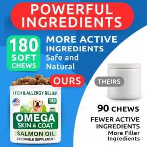 Omega 3 for Dogs and Cats - 180 Fish Oil Treats for Dog Shedding, Skin Allergy, Itch Relief, Hot Spots Treatment - Joint Health - Skin and Coat Supplement - EPA & DHA Fatty Acids - Salmon Oil - Bacon