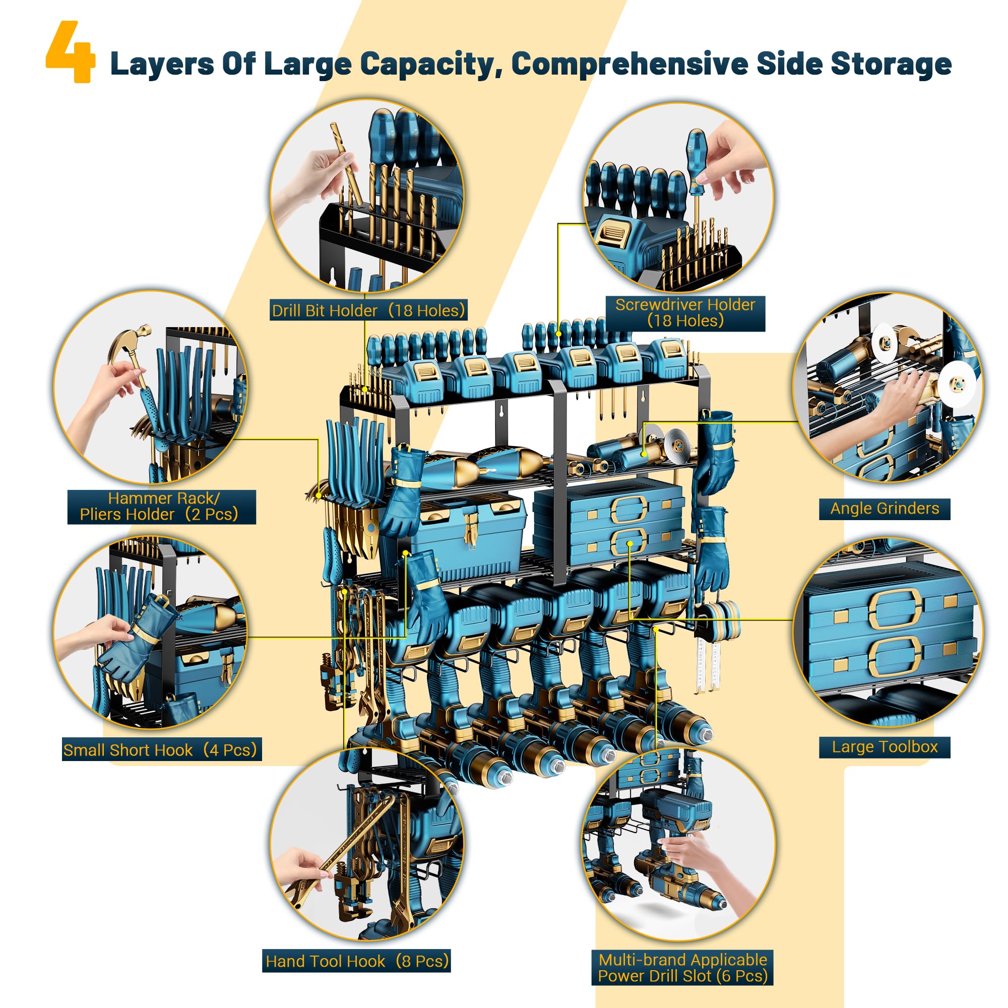 ACOSIY Power Tool Organizer Wall Mount with 6 Drill Holder Rack, 4 Layers Large Capacity Cordless Tool Storage Organizer, 180+lbs High Load Bearing Tool Box Shelf for Garage Organization