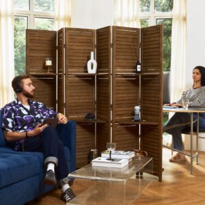 Partition Room Dividers, Folding Wood Privacy Screen with Three Display Shelves Suitable for Home Office, Study, Art Display - 6 Panel, 67 * 77inch (Brown)