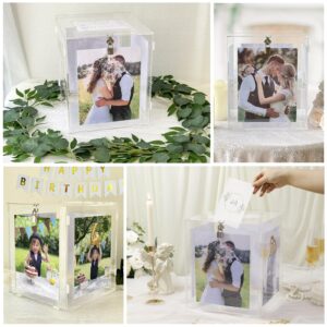 OurWarm Acrylic Wedding Card Box with Picture Frame for 8x10 Photos, Large Rotatable Envelope Post Money Gift Box Holder with Lock Slot for Reception Anniversary Graduation Birthday Party Baby Shower