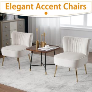 ABET Accent Chairs Set of 2, Velvet Armless Living Room Chairs with Tufted Wingback Thicken Cushion Gold Metal Legs, Comfy Upholstered Side Chairs Slipper Chairs Club Chairs for Bedroom, Beige