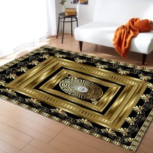 Retro Black Gold Greek Key Meander Area Rugs, 3D Geometric Gold Print Entryways Mat, Machine Washable Soft and Comfortable for Room Living Room Office Dining Indoor Outdoor Hallway, 4ft x 6ft