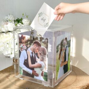 OurWarm Acrylic Wedding Card Box with Picture Frame for 8x10 Photos, Large Rotatable Envelope Post Money Gift Box Holder with Lock Slot for Reception Anniversary Graduation Birthday Party Baby Shower