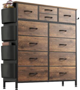 lulive dresser for bedroom with 12 drawers, tall dresser chest of drawers with side pockets and hooks, fabric dresser storage tower for closet, hallway, living room (rustic brown)