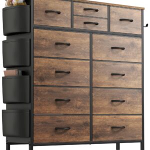 Lulive Dresser for Bedroom with 12 Drawers, Tall Dresser Chest of Drawers with Side Pockets and Hooks, Fabric Dresser Storage Tower for Closet, Hallway, Living Room (Rustic Brown)