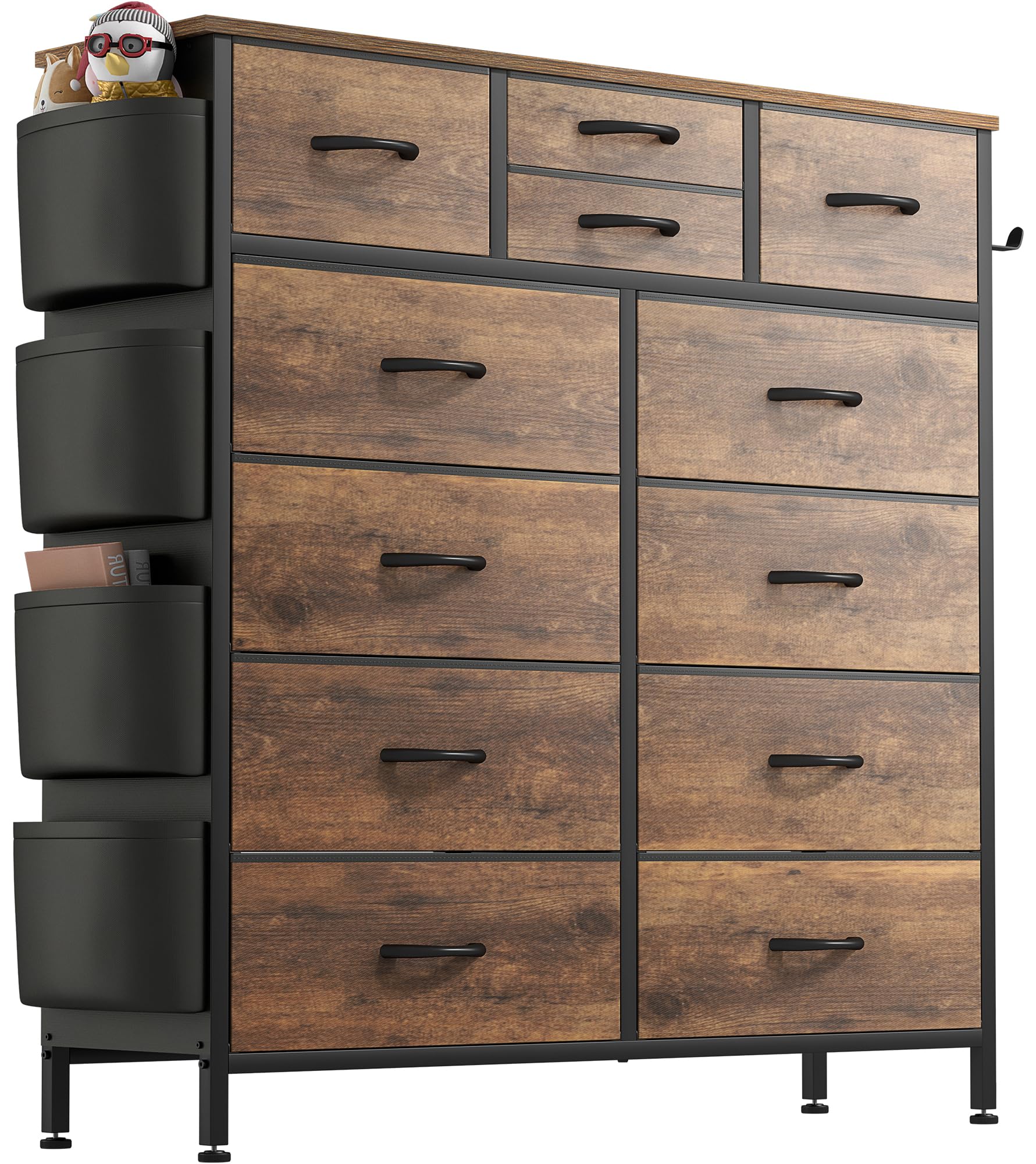 Lulive Dresser for Bedroom with 12 Drawers, Tall Dresser Chest of Drawers with Side Pockets and Hooks, Fabric Dresser Storage Tower for Closet, Hallway, Living Room (Rustic Brown)