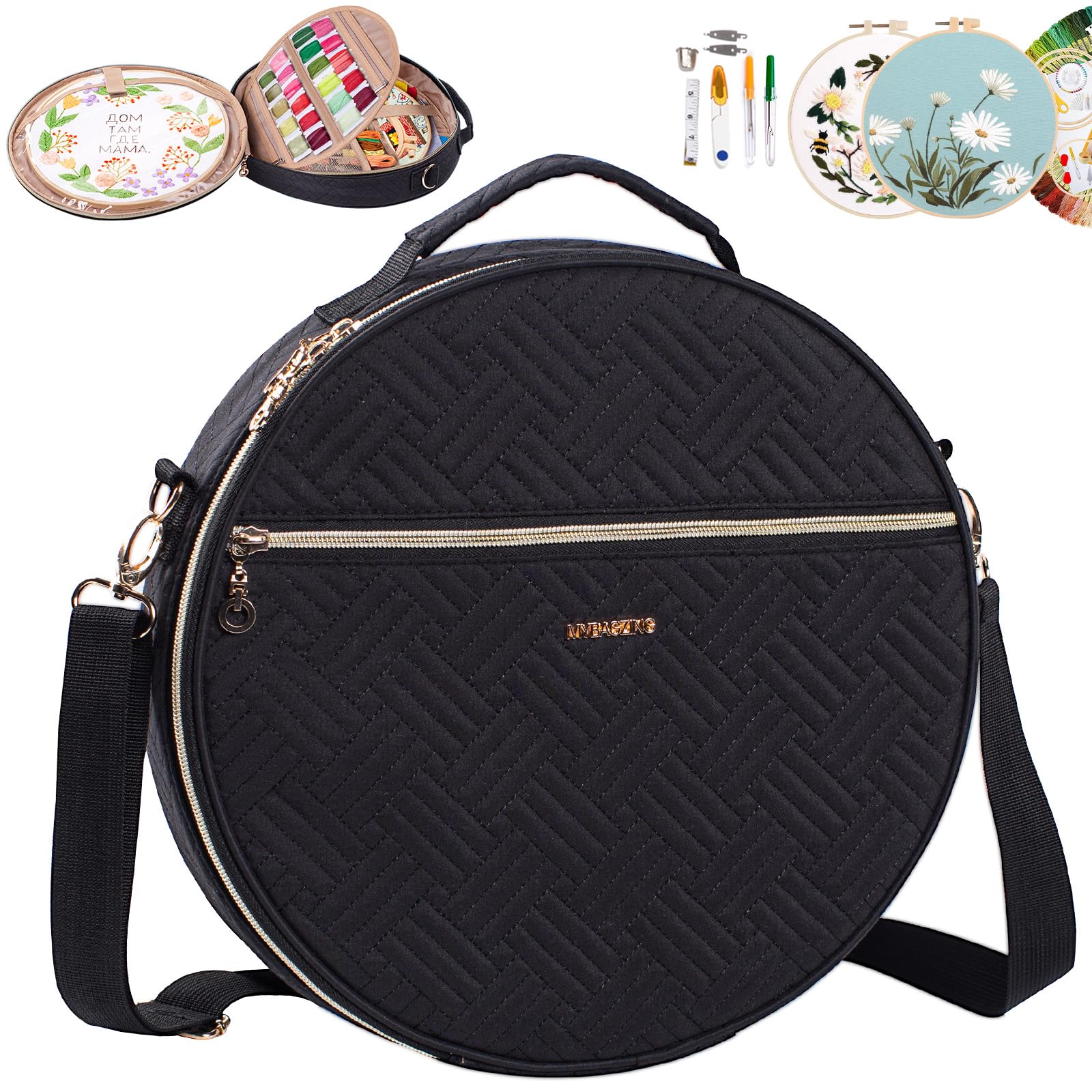 MYBAGZING | Round Embroidery Bag(Empty) - Embroidery Storage Bag -Cross Stitch Supplies Organizer with Multiple Pockets for Embroidery Kits, Cross Stitch Suppliers, Embroidery Floss (Bag Only)