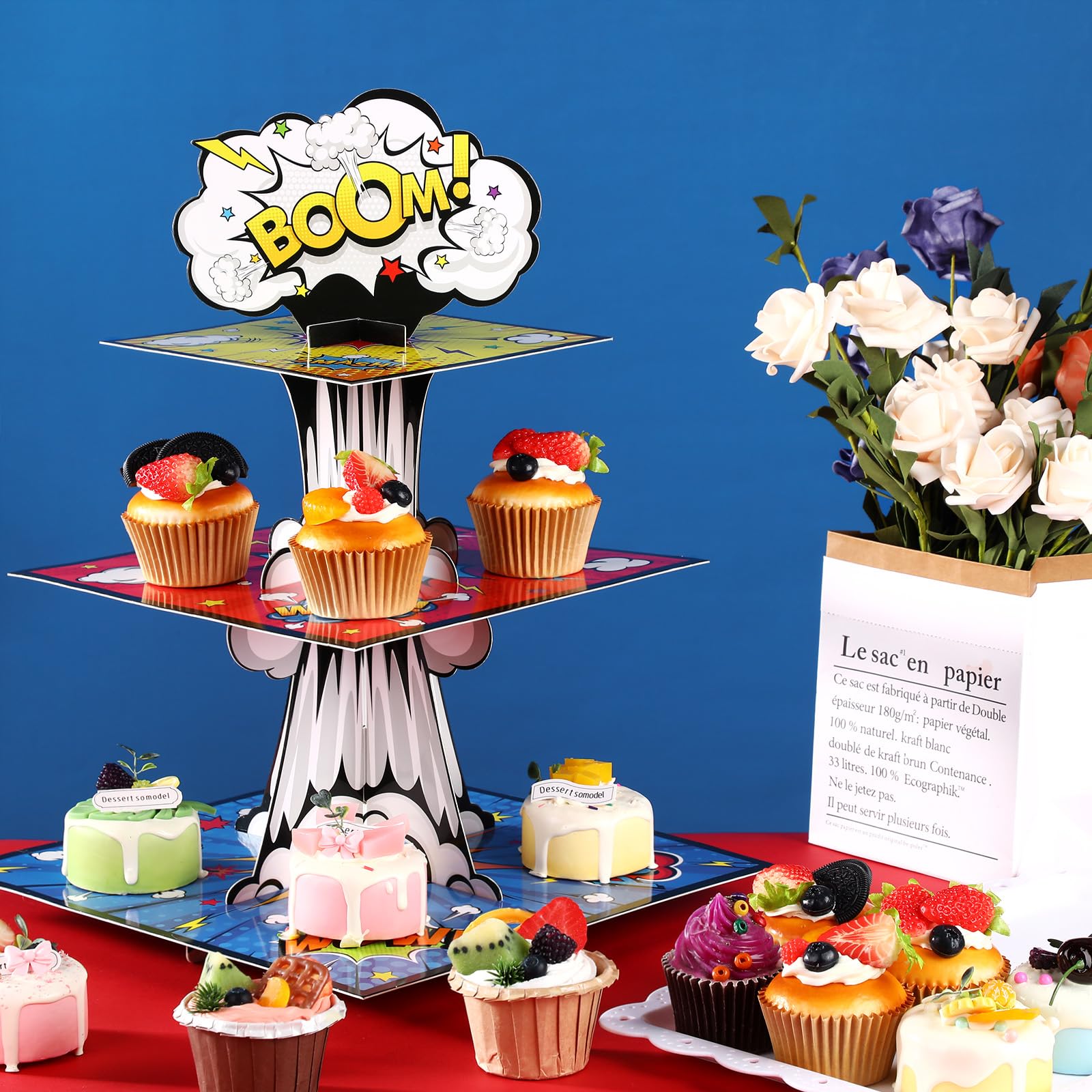 Zopeal 3 Tiers Hero Cupcake Stand Hero Theme Party Supplies Action Hero Cupcake Holder Hero Themed Treat Stand Cupcake Tower for Boys Girls Comic Book Birthday Decorations