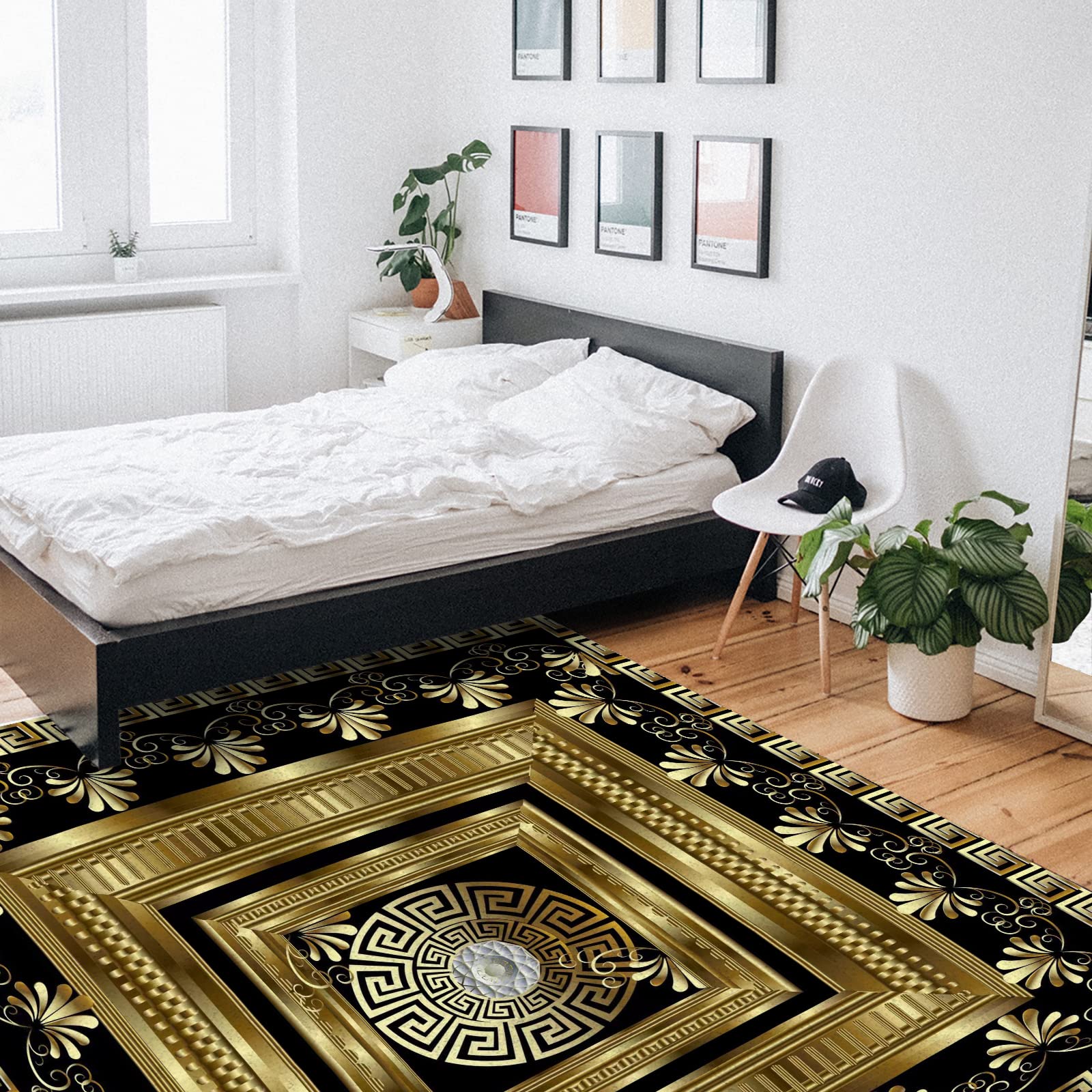 Retro Black Gold Greek Key Meander Area Rugs, 3D Geometric Gold Print Entryways Mat, Machine Washable Soft and Comfortable for Room Living Room Office Dining Indoor Outdoor Hallway, 4ft x 6ft