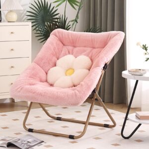 furlide dorm chair, comfy bedroom chairs, oversized folding faux fur chair, foldable metal frame chair for bedroom, living room, balcony (pink)