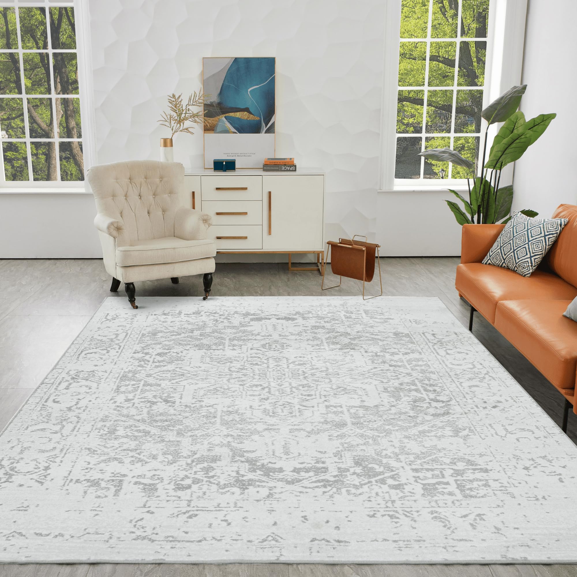 Auemtyn Area Rug, 8x10 Washable Rug for Living Room, Non-Shedding Vintage Rug with Non-Slip Backing, Stain Resistant Distressed Farmhouse Rug for Bedroom(8'x10',White/Silver)