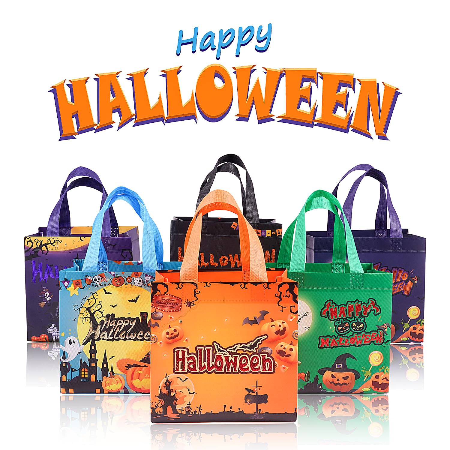 6PCS Halloween Bronzing Trick or Treat Bags, Halloween Tote Bags with Handles, Metallic Printing Halloween Treat Bags, Reusable Non-Woven Gift Bags for Gifts Wrapping, Halloween Party Supplies