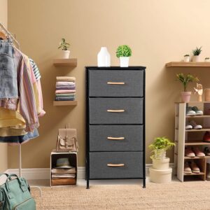 Oteymart Storage Drawers with 4 Drawers, Fabric Tower Organizer Unit for Bedroom,Living Room, Nurseries,Closet, Clothes, Steel Frame,Wood Top, Easy Pull Wood Handles Bins, Dark Gray