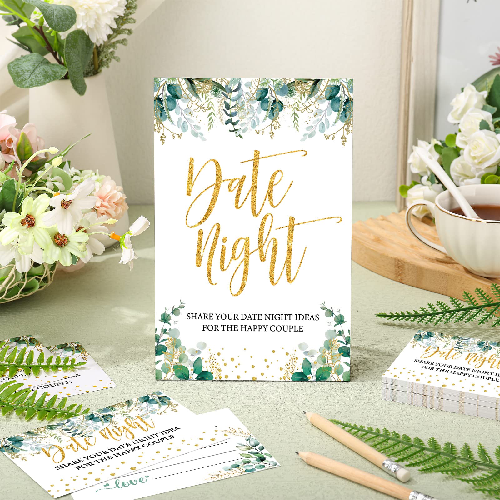 Wesiti 51 Pieces Eucalyptus Leaves Bridal Shower Games Date Night Game Sign and 50 Cards Greenery Bridal Shower Bachelorette Games Supplies Wedding Shower Games