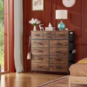 Lulive Dresser for Bedroom with 12 Drawers, Tall Dresser Chest of Drawers with Side Pockets and Hooks, Fabric Dresser Storage Tower for Closet, Hallway, Living Room (Rustic Brown)