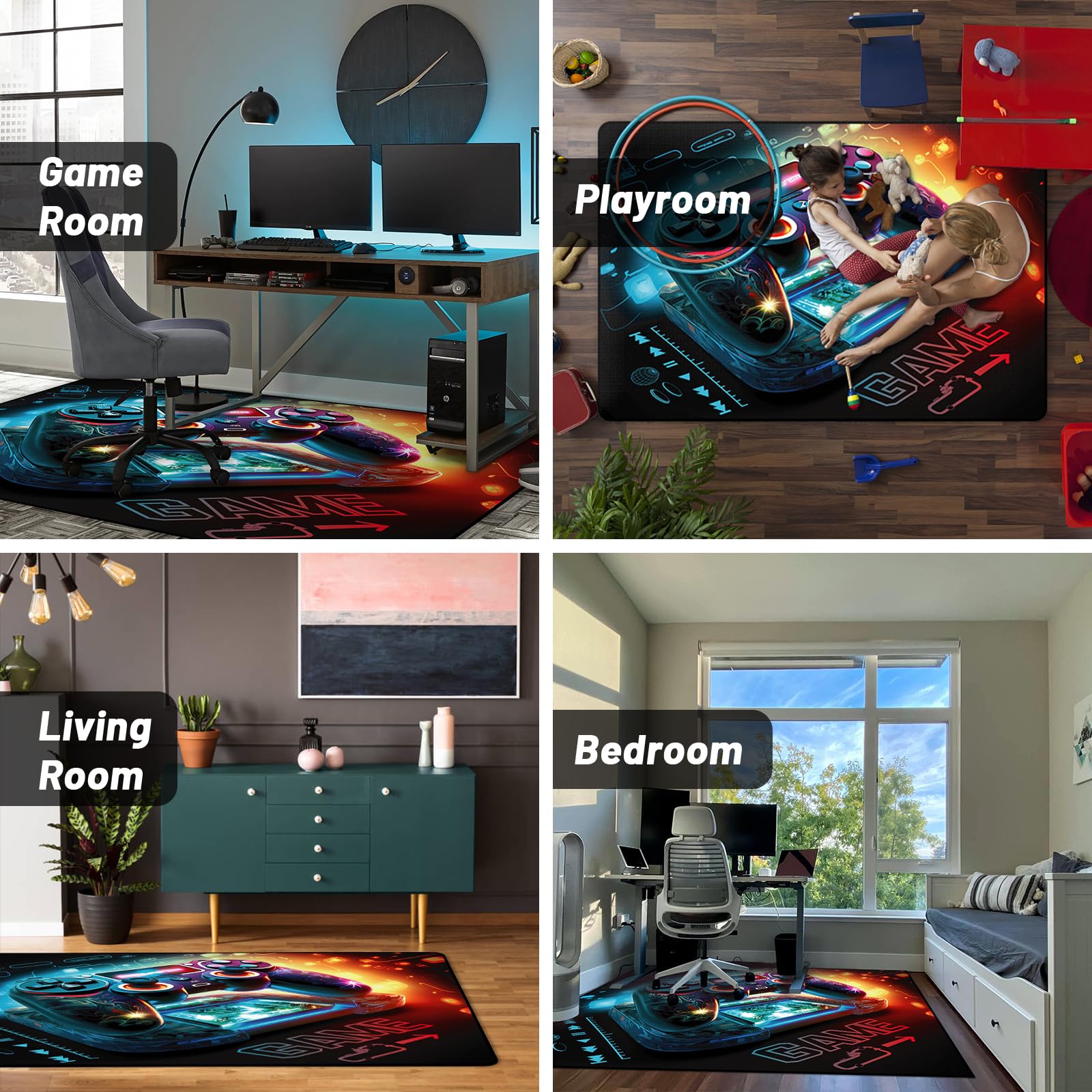 Lacut Game Area Rug Teen Boys Carpet, 3D Gaming Rugs Gamepad Controller Mat for Boys Girls Bedroom Playroom, Non-Slip Gamer Rugs Children Gaming Area Rugs(3D Game Pattern 1, 60" x 40")