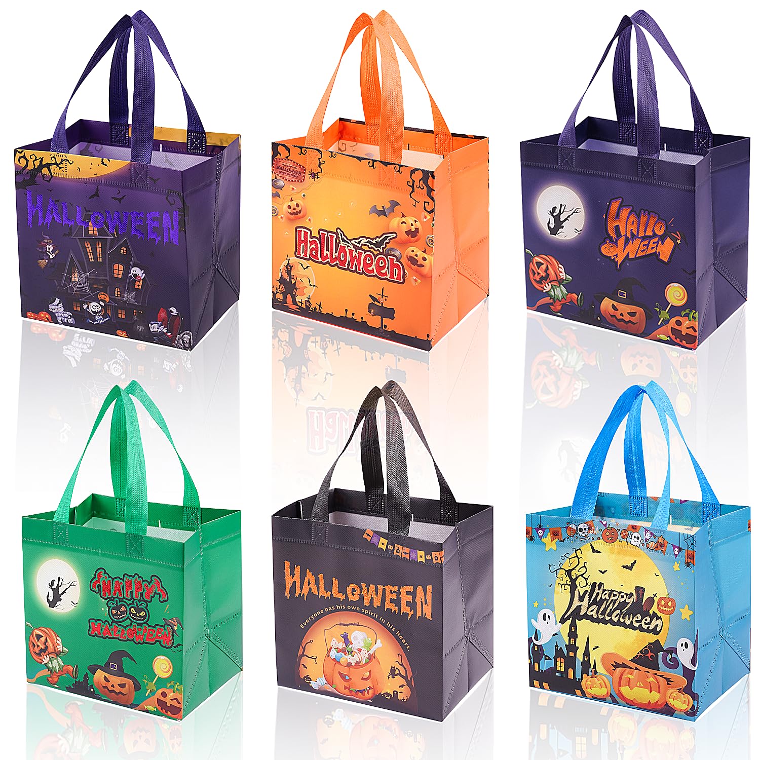 6PCS Halloween Bronzing Trick or Treat Bags, Halloween Tote Bags with Handles, Metallic Printing Halloween Treat Bags, Reusable Non-Woven Gift Bags for Gifts Wrapping, Halloween Party Supplies