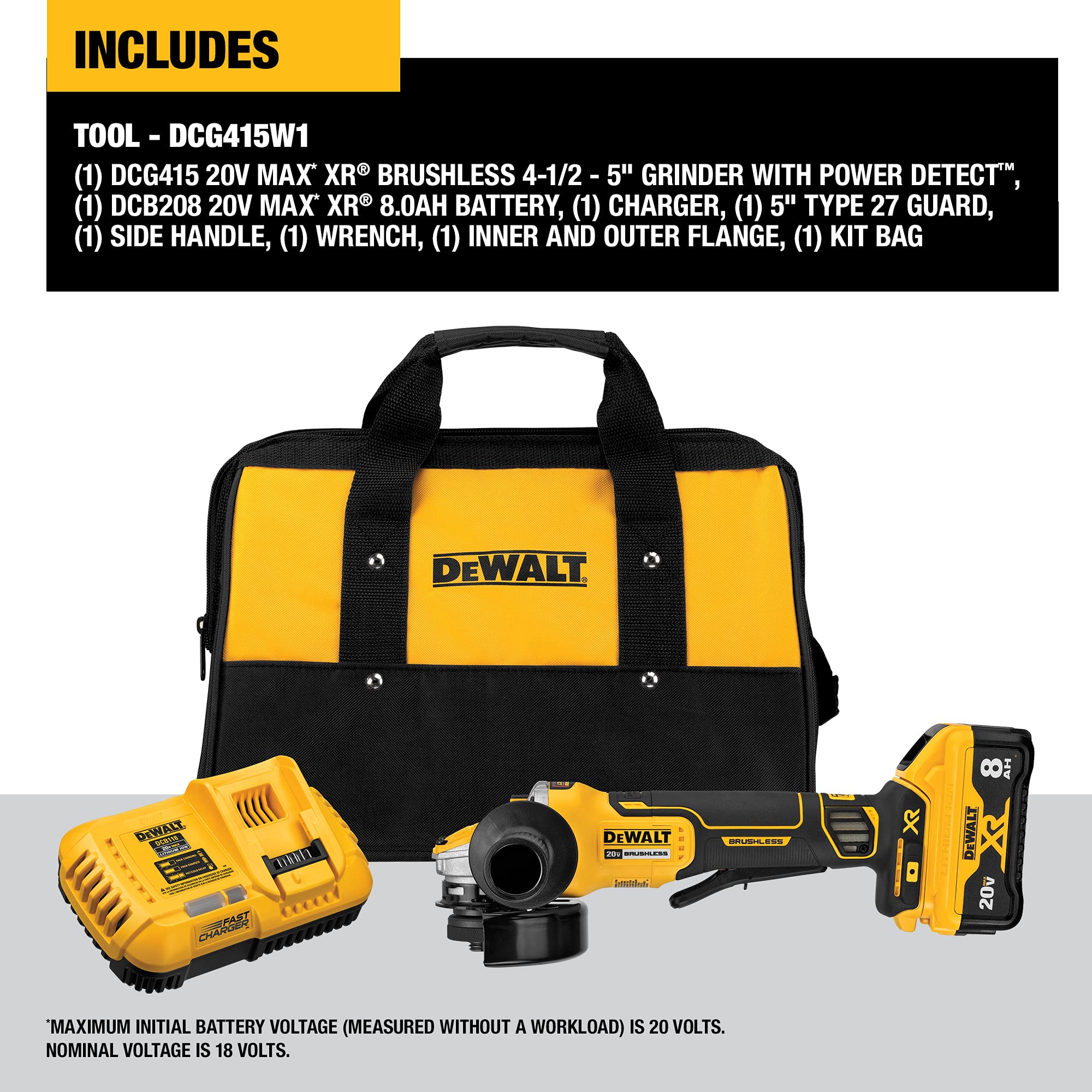 Dewalt DCG415W1R 20V MAX XR Brushless Lithium-Ion 4-1/2 in. - 5 in. Cordless Small Angle Grinder with POWER DETECT Tool Technology Kit (8 Ah) (Renewed)