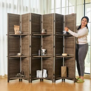 partition room dividers, folding wood privacy screen with three display shelves suitable for home office, study, art display - 6 panel, 67 * 77inch (brown)