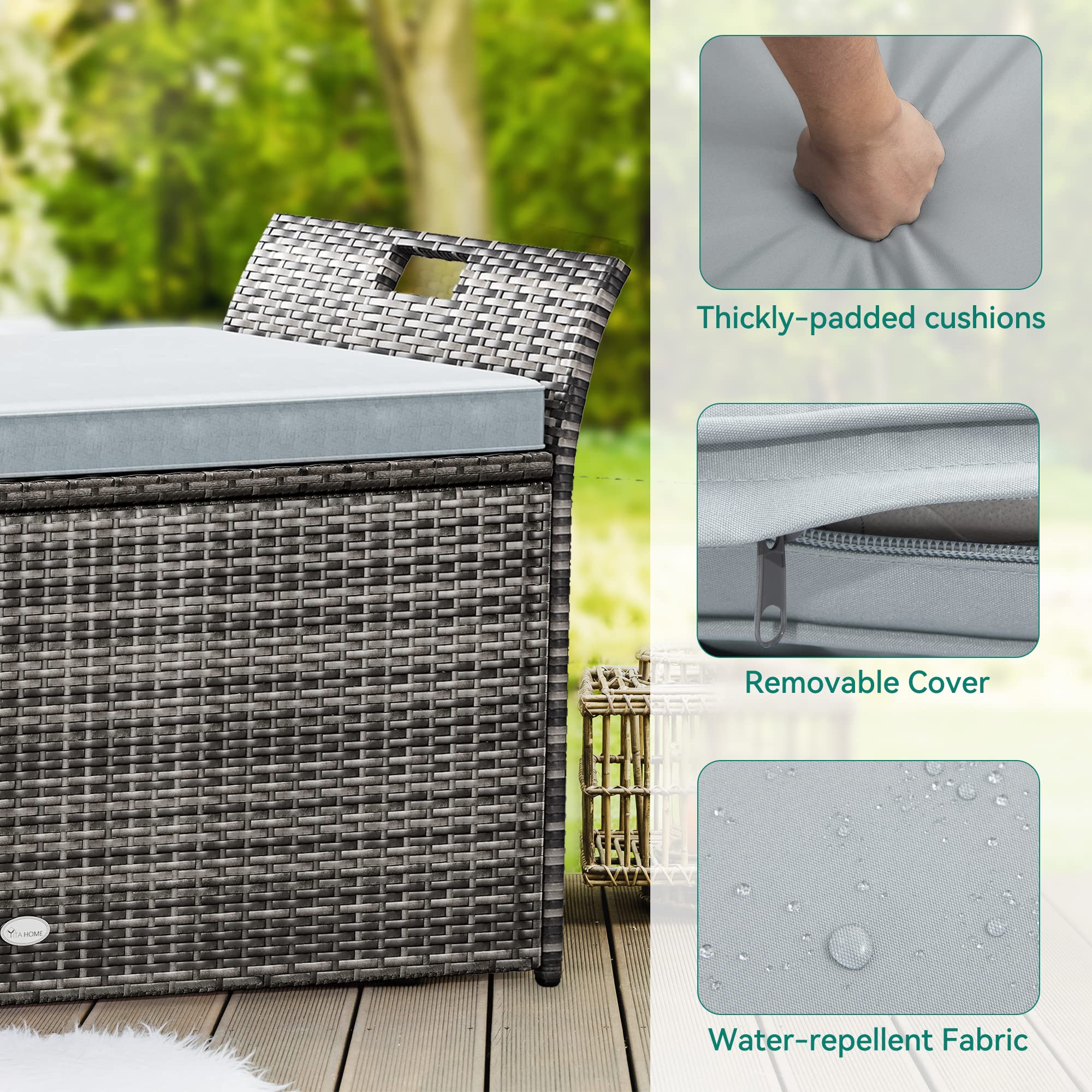 YITAHOME 90 Gallon Outdoor Wicker Storage Bench w/Cushion, Large PE Rattan Deck Storage Box w/Handles & Hydraulics for Patio Furniture, Cushions, Garden Tools, Pool & Sports Equipment, Light Gray