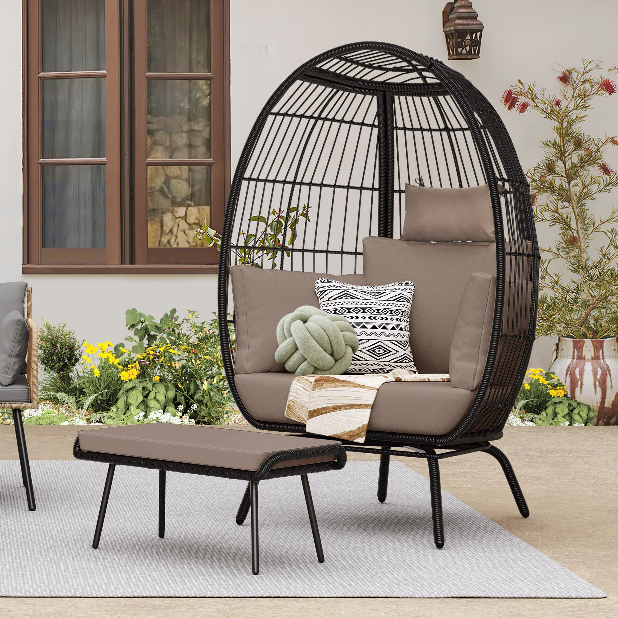 YITAHOME Wicker Egg Chair with Ottoman Outdoor Indoor Oversized Lounger with Stand, Cushions, Egg Basket Chair for Patio Backyard Porch - Brown & Black