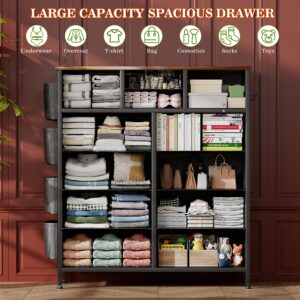 Lulive Dresser for Bedroom with 12 Drawers, Tall Dresser Chest of Drawers with Side Pockets and Hooks, Fabric Dresser Storage Tower for Closet, Hallway, Living Room (Rustic Brown)