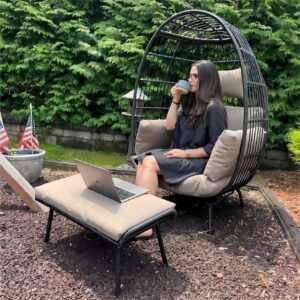 YITAHOME Wicker Egg Chair with Ottoman Outdoor Indoor Oversized Lounger with Stand, Cushions, Egg Basket Chair for Patio Backyard Porch - Brown & Black