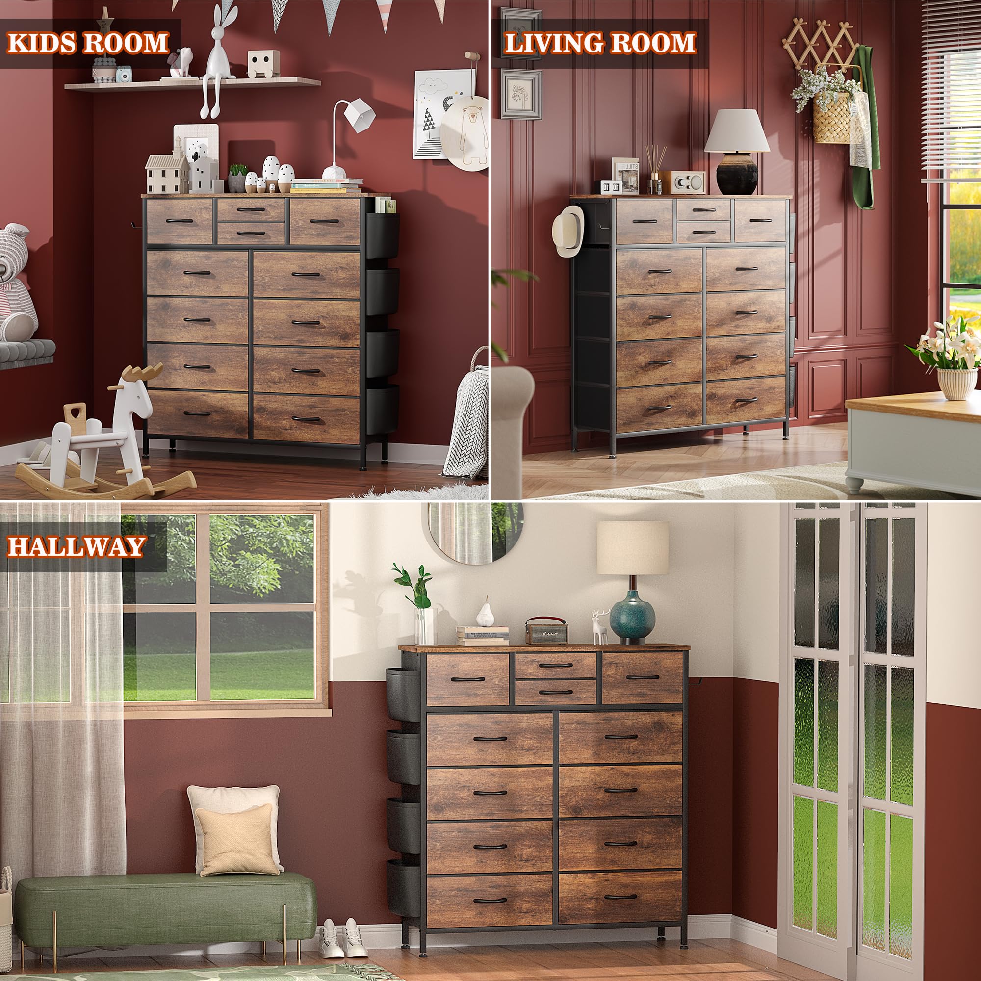 Lulive Dresser for Bedroom with 12 Drawers, Tall Dresser Chest of Drawers with Side Pockets and Hooks, Fabric Dresser Storage Tower for Closet, Hallway, Living Room (Rustic Brown)